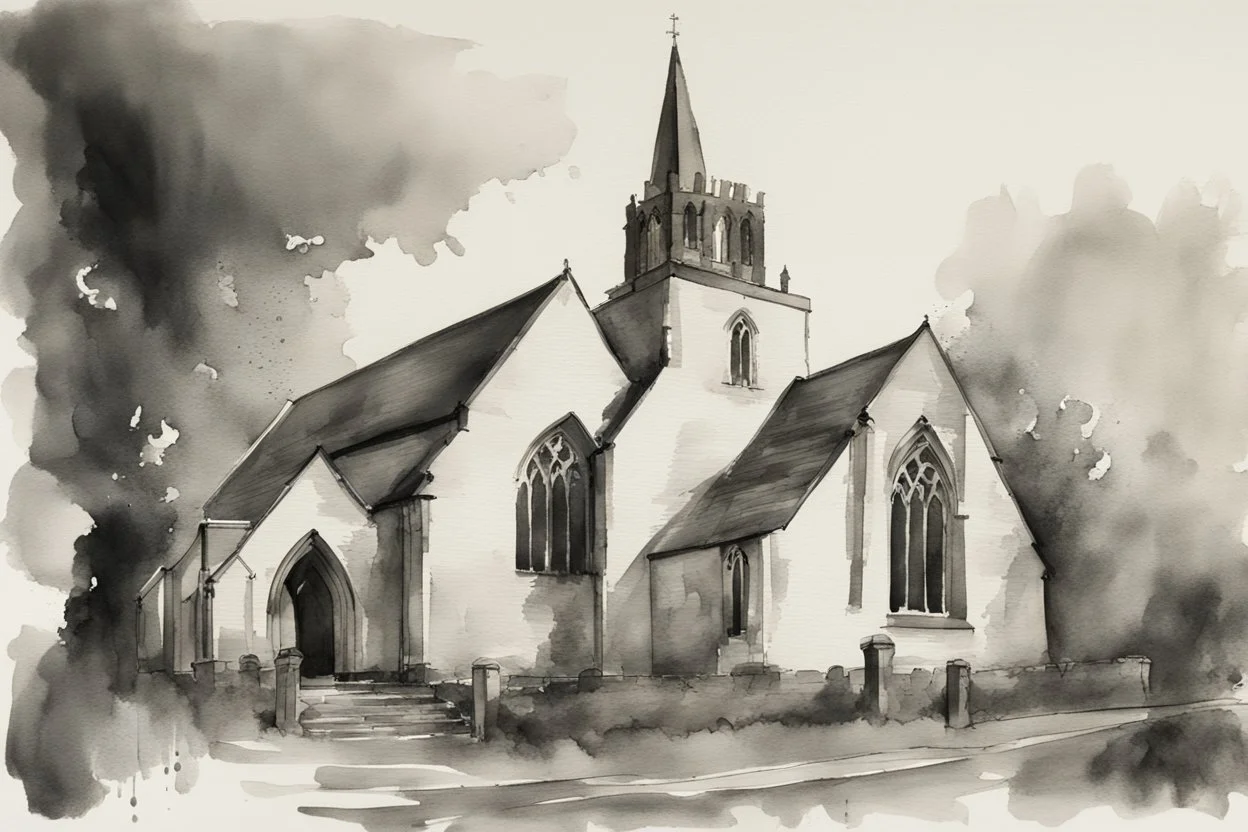 Portrait of an English church in black and white wet watercolour