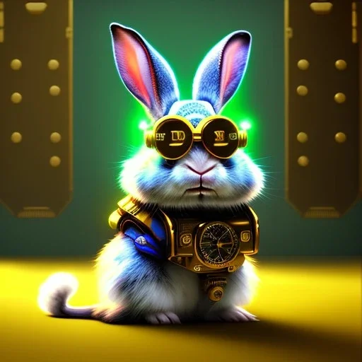 pixar style anamorphic cute cyberpunk rabbit baby, smiling,gangsta gold neckless,sunglasses, full body, yellow puffer jacket, dramatic lighting, hyper realistic, unreal engine 5, 16k without art style by klimt and nixeu and ian sprigger and wlop and krenz cushart