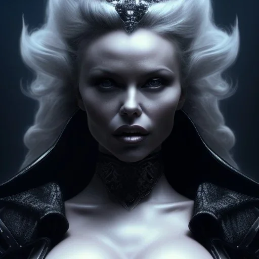 Pamela Anderson as evil queen in black leather, leather, busty, cleavage, angry, stern look. character design by cory loftis, fenghua zhong, ryohei hase, ismail inceoglu and ruan jia. unreal engine 5, artistic lighting, highly detailed, photorealistic, fantasy