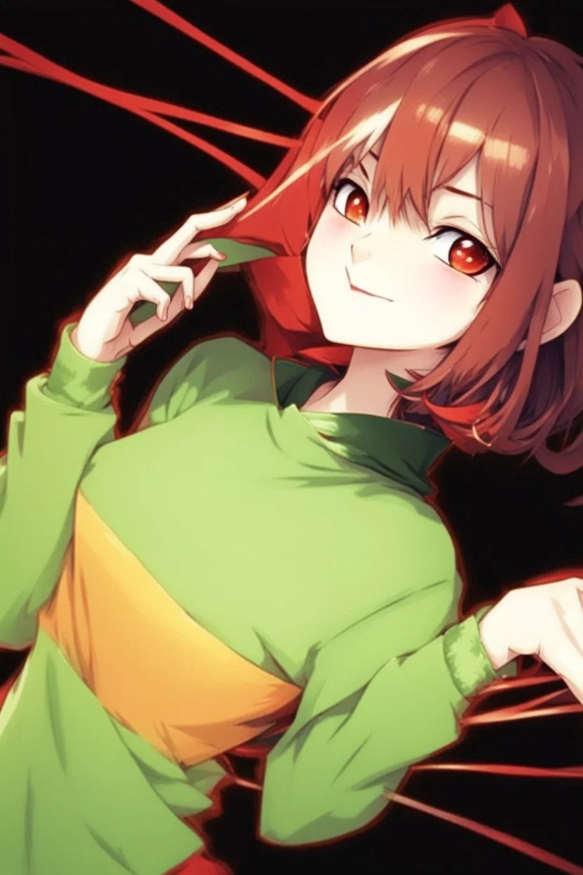 Manga style, Give the character a mischievous smile, put a green hood on her, a green blouse on top too, and a red scarf with several other colors