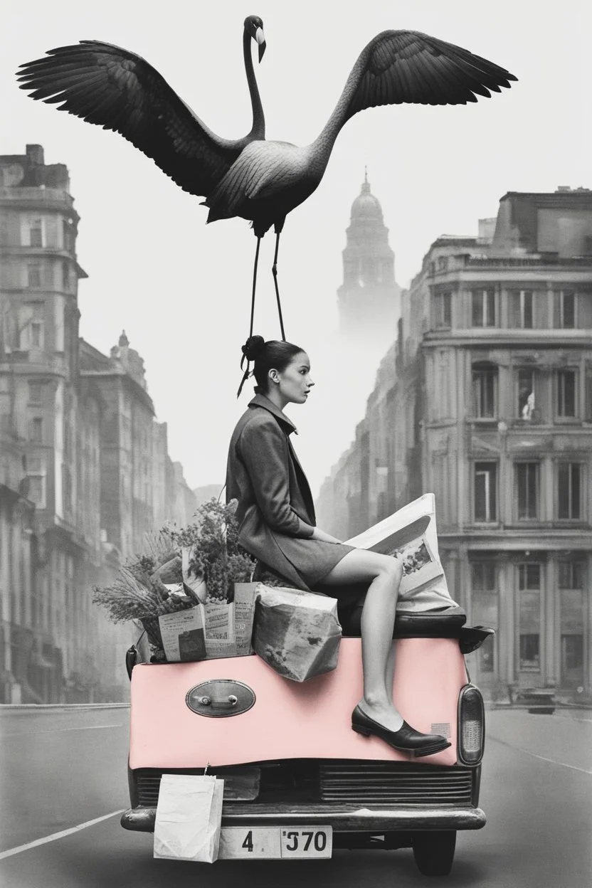 the woman rides on the back of a flamingo in the city center with a huge shopping bag, collage, stamp, old newsprint, pen, dry flower, ink, bizarre