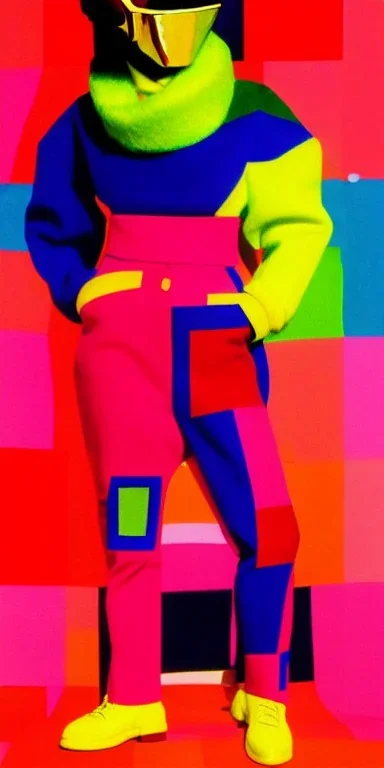 Photo Asian, thick thigh, thick calves. Square blocks of colors in 2023 in background Futurism, 90's, daft punk , turtle neck, Print figures of different plants.Mantle is sewed of recycled Denim and sewed together felt pieces and airy, big turtleneck.Big headphones, with gold rings, is merged with small felt cap with small visor. A bag is integrated to the mantle. Big camouflage Patterns are composed of orange, cream, cobalt blue, lilac and purple and warm colours. BAGGY LATEX.