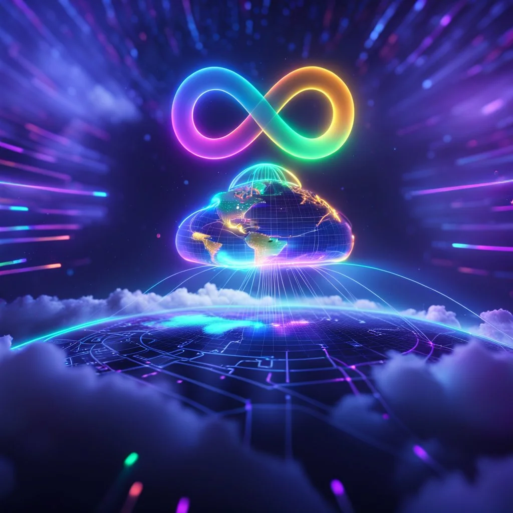 Colourful 3D glowing infinity symbol ∞, hovering above a colourful glowing cloud, network and lights coming from the cloud onto a futuristic map of the globe, inspiring, neon, glowing, friendly, beautiful, octane render, 8k post-production, artstation: award-winning: atmospheric: commanding: fantastical: clarity: 16k: ultra quality: striking: brilliance: liquid medium: stunning colors: amazing depth; lens: f/8, 28mm