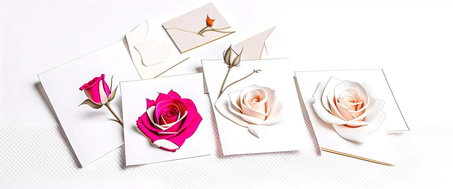 photo of five white postcards on a white background image with rose and gold petals