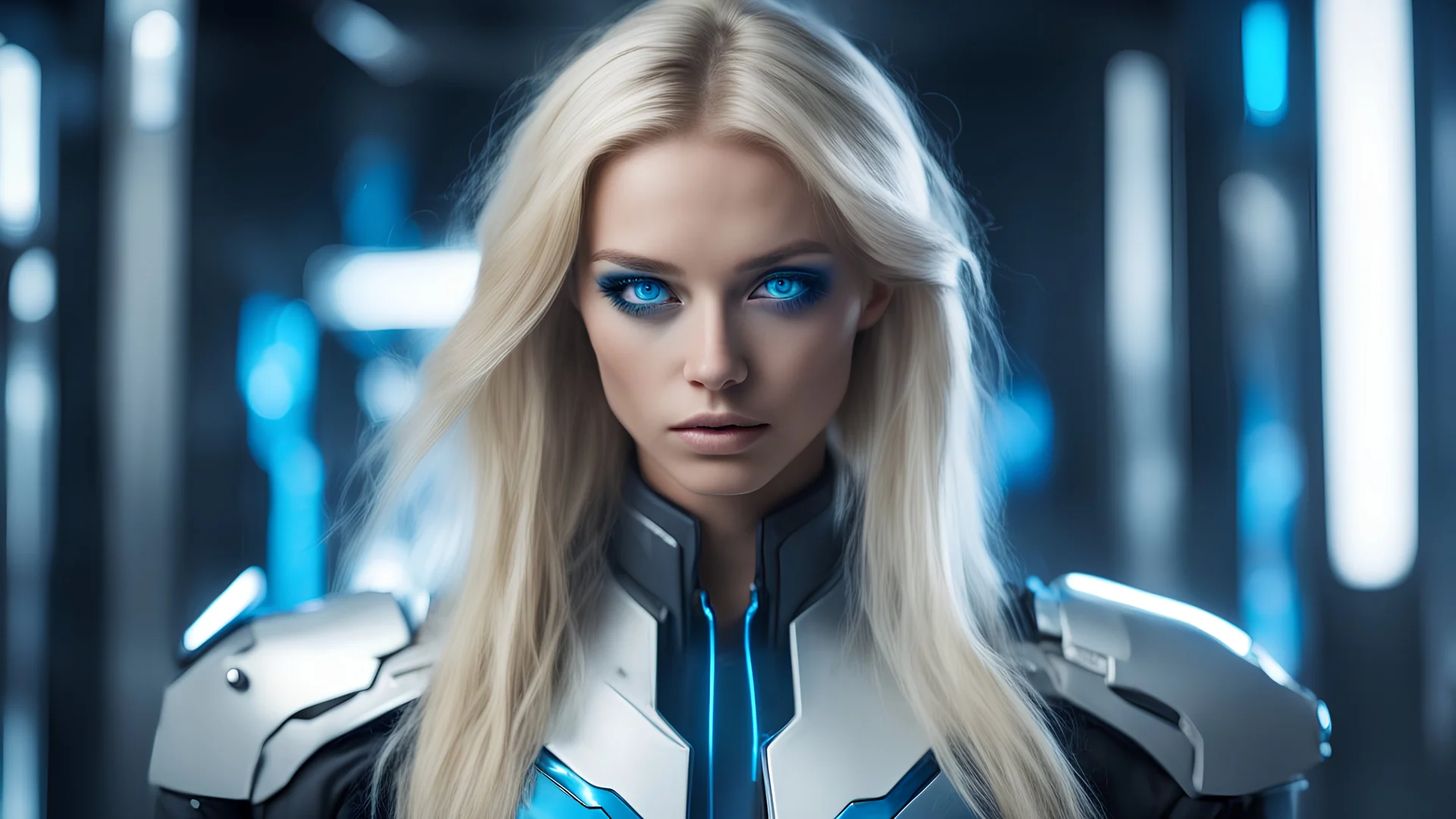 women blonde from the future with blue eyes and futuress outfit and mysterious and powerfull look