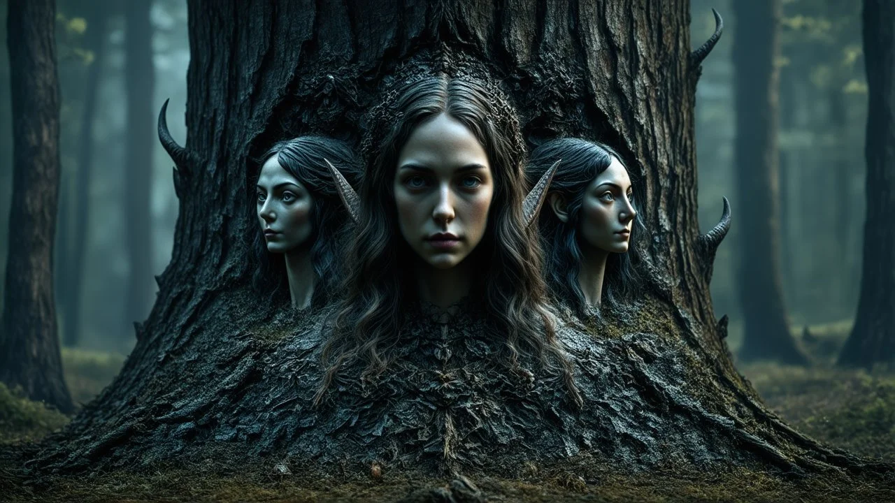 Photorealistic gorgeous point-symmetrical shot of dark bark texture with many ancient female elven goddess faces shaped in the bark. Mist rising from the lower part and across the width of the image. forgotten realms fantasy style by lee jeffries, otherworldly, in the style of fantasy movies, shot on Hasselblad h6d-400c, zeiss prime lens, bokeh like f/0.8, tilt-shift lens, 8k, high detail, smooth render, unreal engine 5, cinema 4d, HDR, dust effect, vivid colors