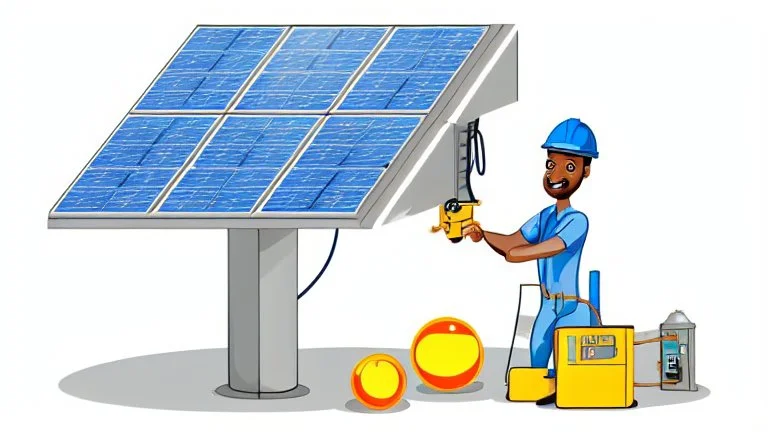 Solar system maintenance and repairs illustration with a black repair man