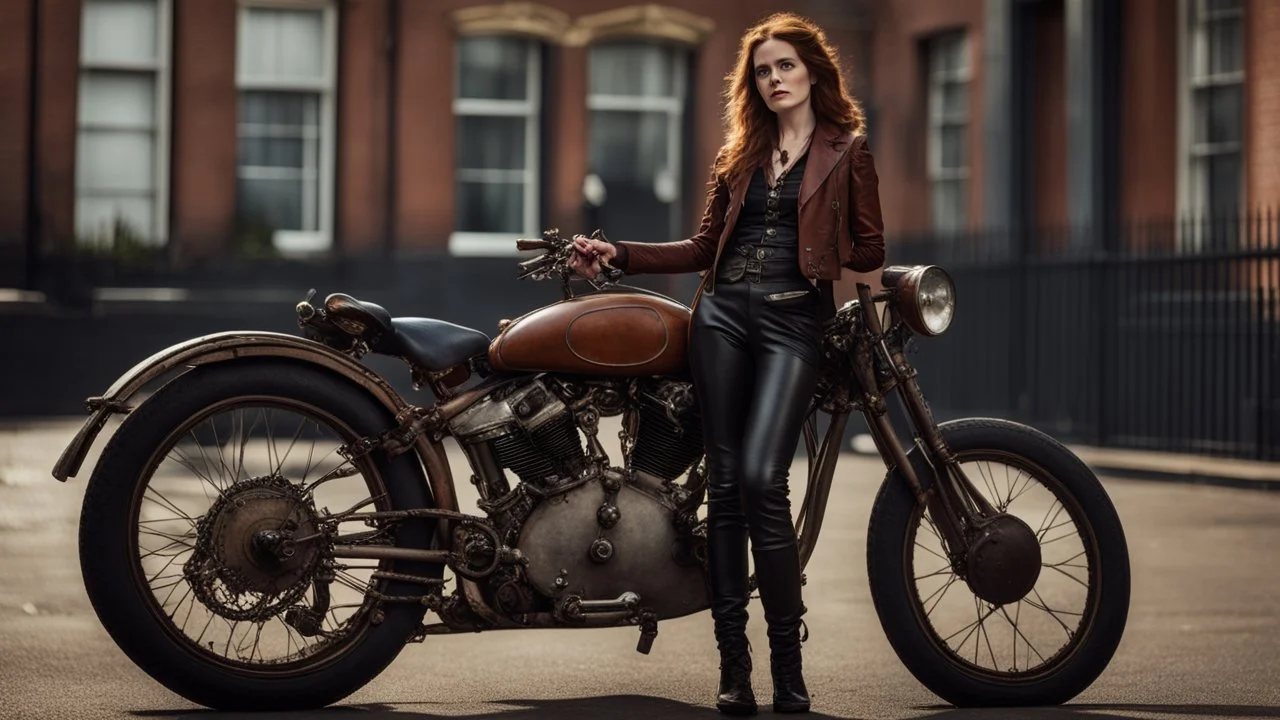 full-height portrait of a woman with straight shoulder-length auburn hair, with metal arms and legs, dressed in leather trousers, and a waistcoat, in a Victorian street next to a steampunk motorbike blue sky