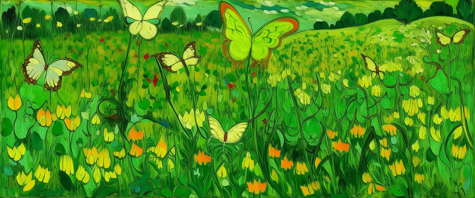 A lime green stinky field with butterflies painted by Vincent van Gogh