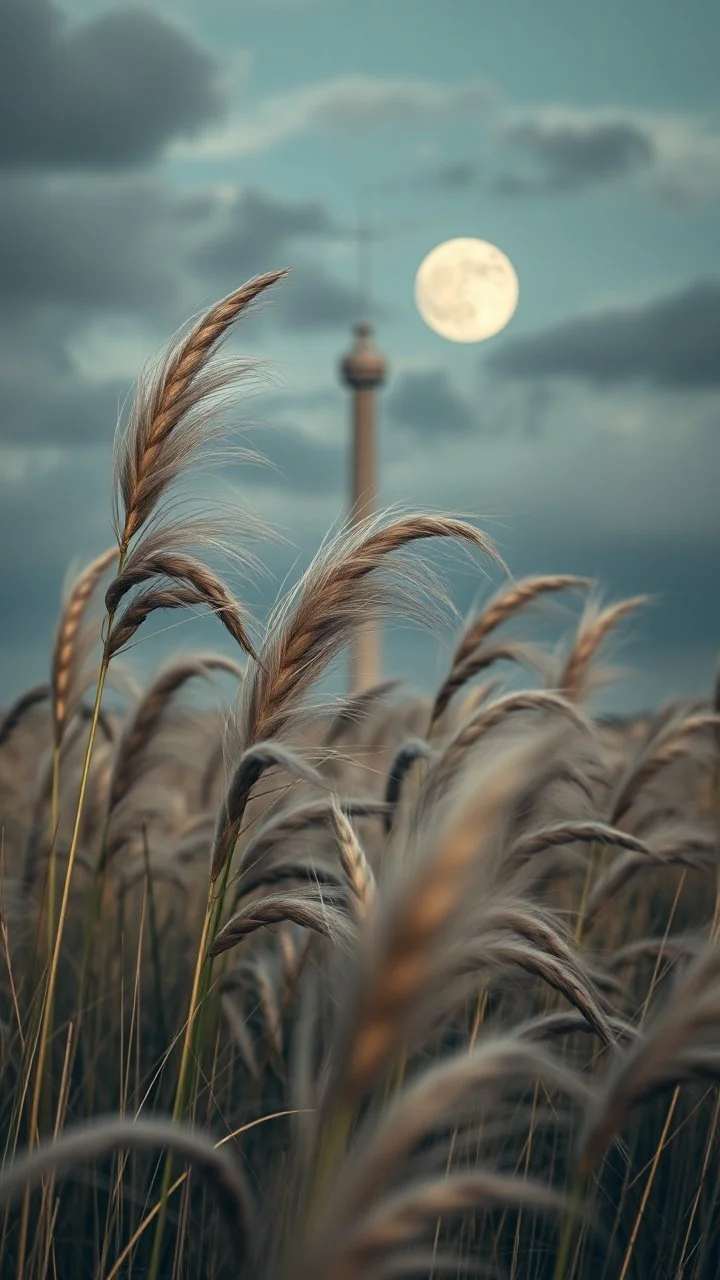 Windblown grass with winds with clouds and moon in the background, high quality picture 8k, beautiful cinematic lighting and all gray colors , a tall tower building in background in a distance