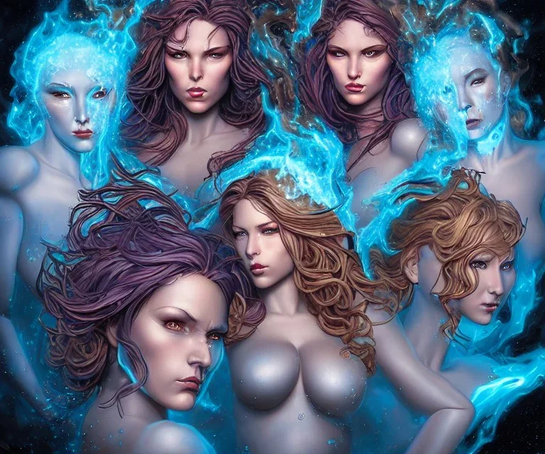 Four doll divine representing each, one of each of the elements of the four elements: Fire: Earth: Air: Water. Four female figures. Mark Brooks and Dan Mumford, comic book art, perfect, smooth elemental galactic space core. Detailed photograph, WLOP, Unreal Engine 5 volumetric lighting. Insanely intricate face, soft hair, hyper detailed painting by Ismail Inceoglu Huang Guangjian and Dan Witz Central fantasy art album cover art resolution HD