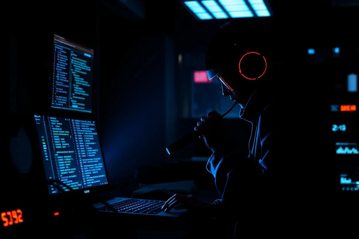 cypher punk silhouette mining code in a Tokyo lab