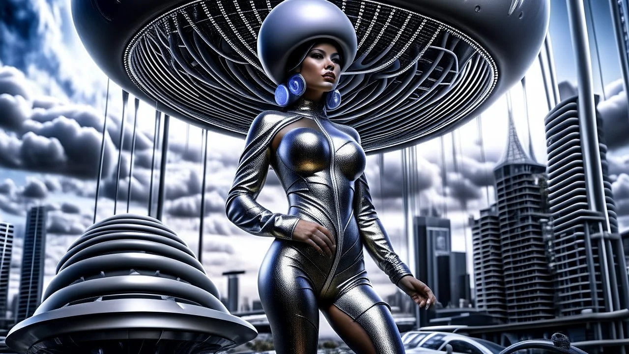 woman in a silver catsuit with circuitry, standing in a futuristic alien city holding a parasol shaped like a mushroom with tentacles