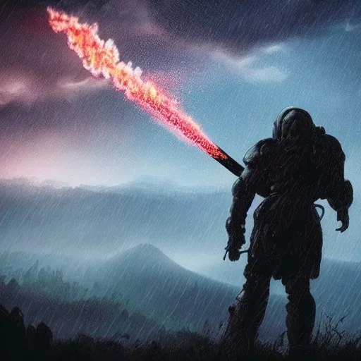 doom scenary. Heavy rain. Epic Lighting in the sky. Knight with a sword. Falling meteorite from the sky. Meteorite burning in the distance.