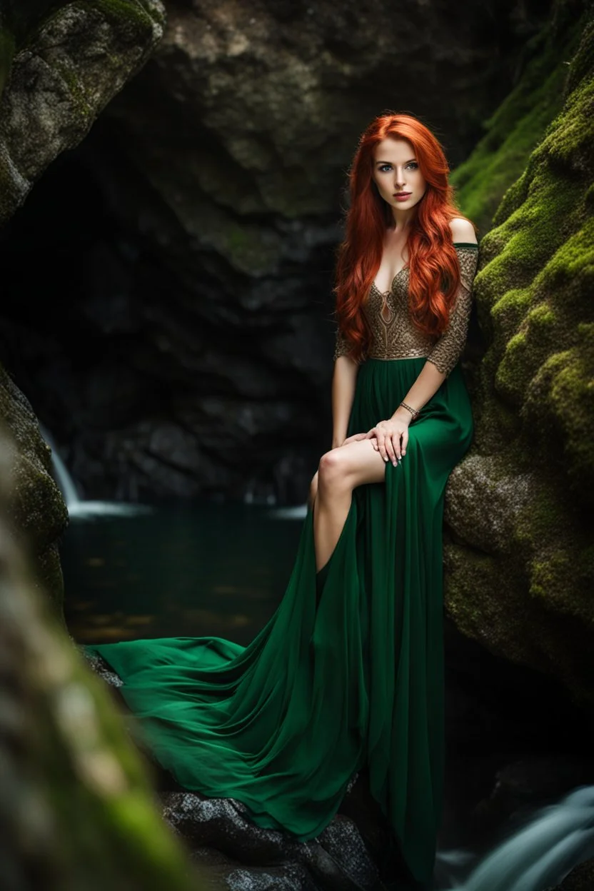 Close UP, delicate, cute, soft, skinny belly red haired Young lady, Green eyes , cave waterfall, medieval