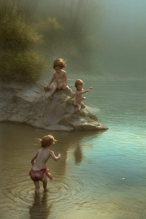 four kids SWIMMING AND PLAYING on beautiful lake . one of them cooking fish and the other three playing on a by Jean-Baptiste Monge, highly detailed, lighting, very attractive, beautiful, high detail, award winning, hyper-realistic, high definition, crisp quality, watercolor highly detailed Award winning photography photorealistic