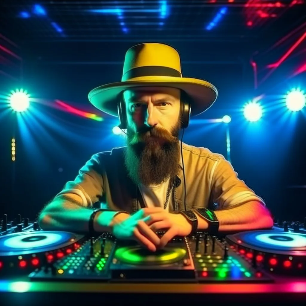 A short brown beard DJ with a hat on his head, sing at microphone, many electronic consoles at club, laser show, FRONT VIEW