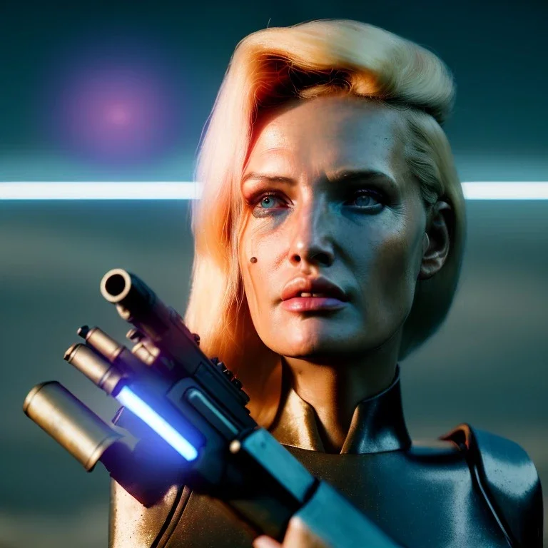 Ultra Realistic retro sci-fi movie war scene, waist up view portrait, blonde woman pointing a gun, sweet young Daryl Hannah face, perfect iris, glow eyes, makeup, weapon. War background, Retro sci-fi style, helmet, tight latex coat, fog, rain, soft color, highly detailed, unreal engine 5, ray tracing, RTX, lumen lighting, ultra detail, volumetric lighting, 3d, finely drawn, high definition, high resolution.