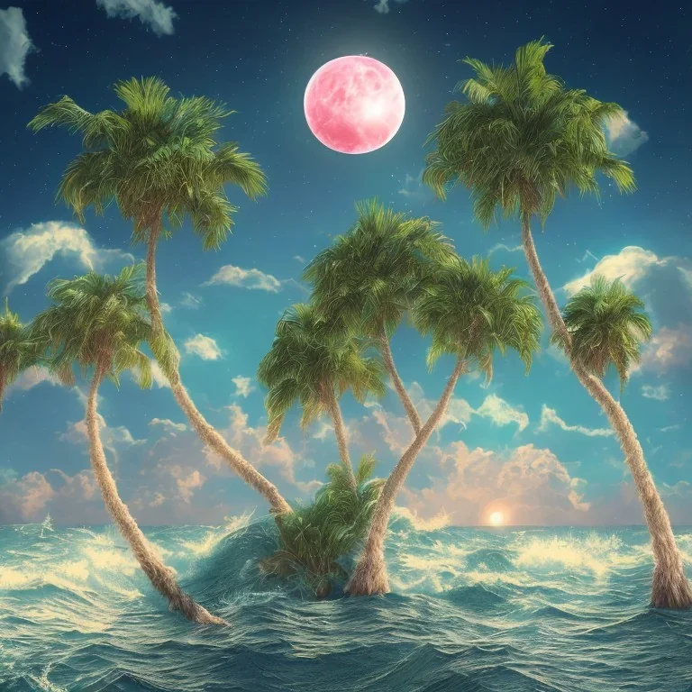 1980's vaporwave aesthetic palm trees with lightning with lunar eclipse in the ocean waves sunset