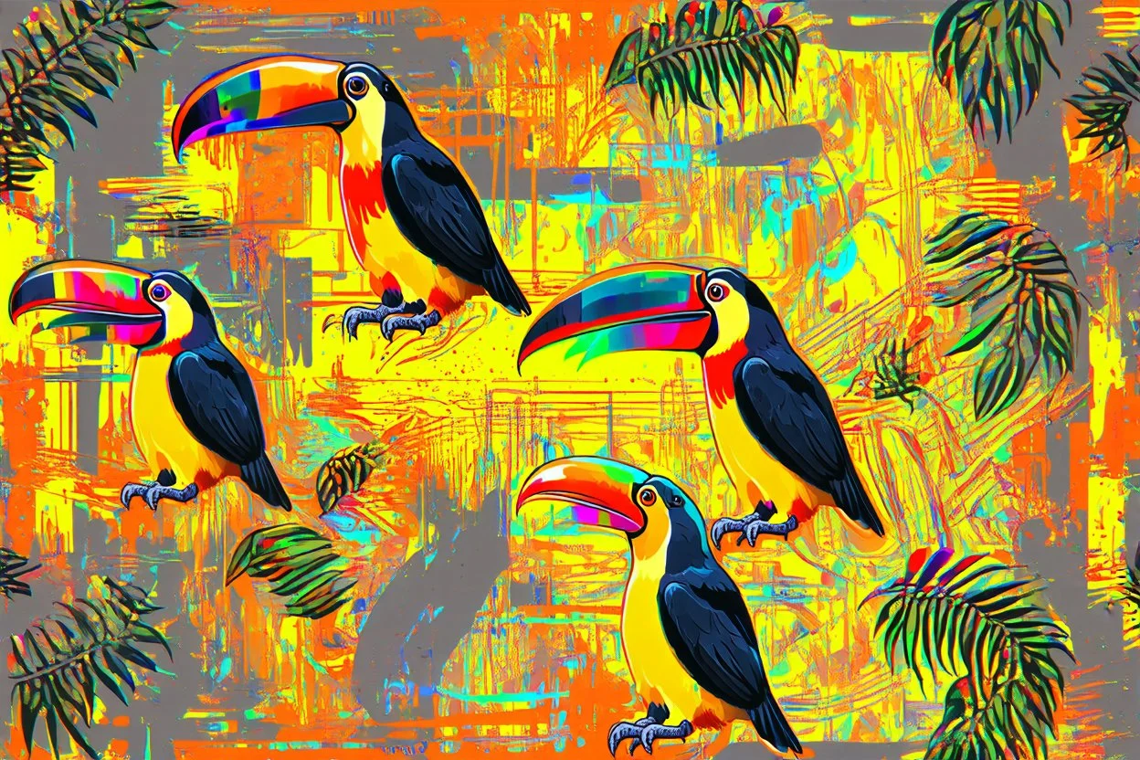 ink and paint of holo sizzle, arafed nonsense contradicting toucans in liminal space, double negative vibe, unnerving vibe, whimisical influence, grotesque vibe, ink and tint leak, minimal, brutalist, Aztec, drab and gray and orange and yellow