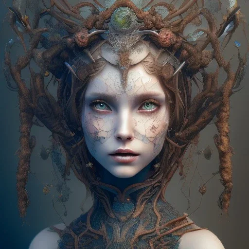 karlan, rusty metal, anime, Dryad, fae, sidhe, ominous, nature, plants, wildflower, facepaint, dnd character portrait, intricate, oil on canvas, masterpiece, expert, insanely detailed, 4k resolution, retroanime style, cute big circular reflective eyes, cinematic smooth, intricate detail , soft smooth lighting, soft pastel colors, painted Renaissance style