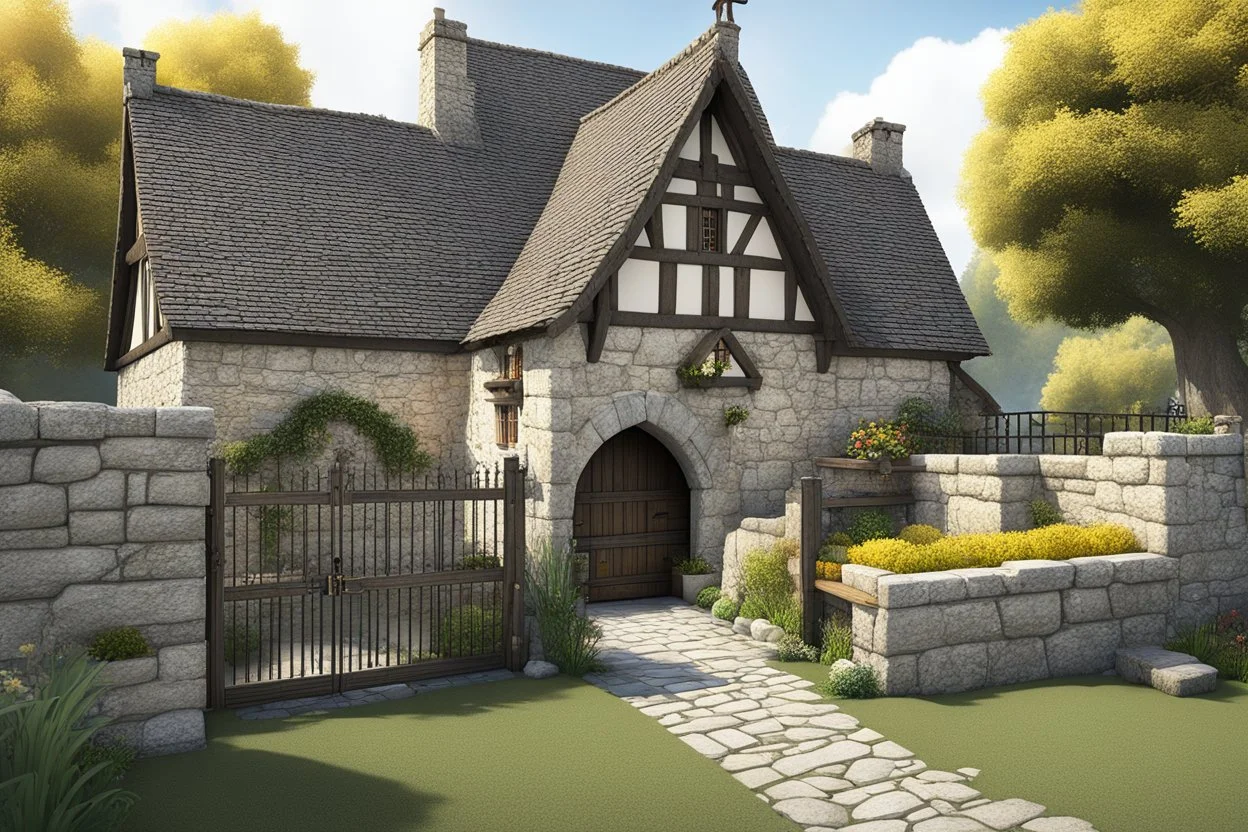 A square medieval homestead surrounded by a 6' high stone wall. At the front there is a double gate made of wood with a stone arch above it. Inside the compound a stone and wood 2 story house with a dutch door and a yellow thatched roof with chimneys at either end. Attached to the house is a 4 story high tower house with smaller attached enclosed stair running up the side of the tower. Inside the compound opposite the house is a 2 story stone barn with thatched roof. Attached to side of the ba