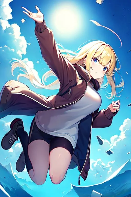 blonde with jacket falls from the sky, sky falling