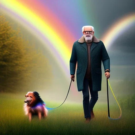 old man with glasses, with dog travels the rainbow bridge, photorealistic, 8k