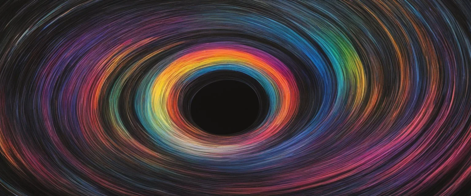 colorful, rainbow, A visually striking and abstract representation of the void and a black hole, utilizing dark hues and dynamic shapes to evoke the enigmatic and powerful aspects of cosmic emptiness, (visually striking abstract representation:1.4), (the void and black hole:1.5), (dark hues and dynamic shapes:1.3), (expressive and cosmic ambiance:1.2), drawing inspiration from abstract interpretations of the cosmic void and black hole phenomena