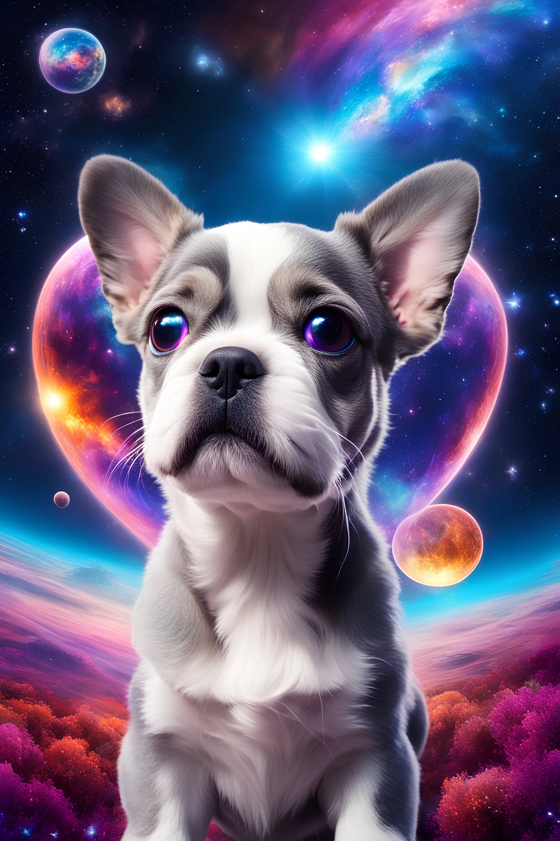 large eyed happy puppy grey frenchton in the distance a colorful intricate HEART shaped planet similar to earth in a brig ażht nebula, sparkles, cinematic lighting, vast distances, swirl, fairies, magical darkness, sharp, depth, jellyfish, cinematic eye view