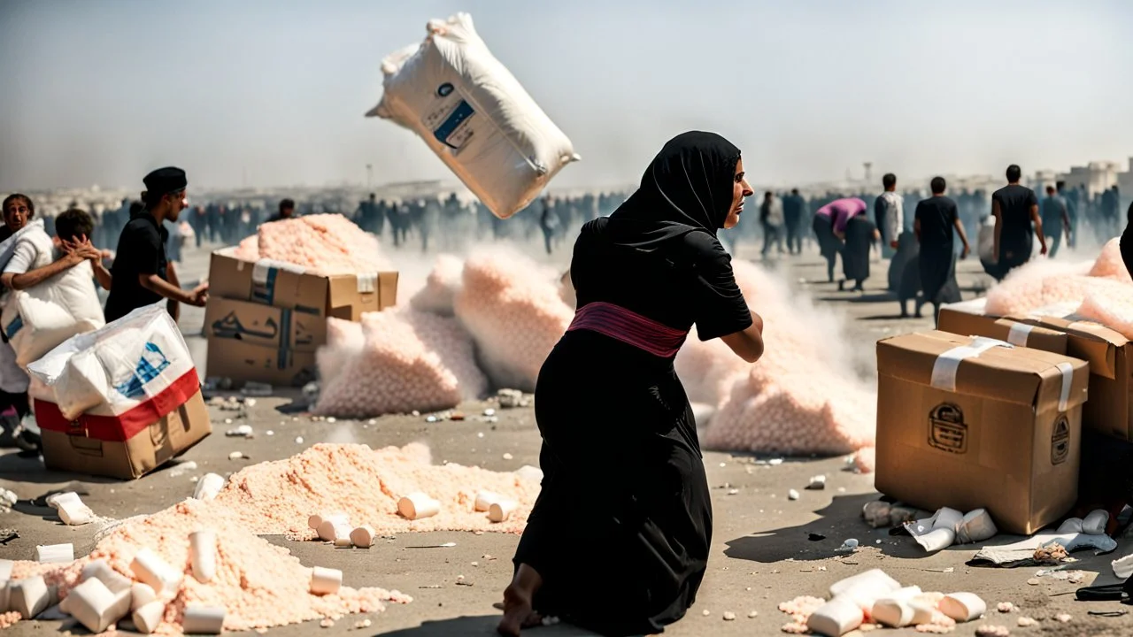 A Palestinian woman wearing a dress carrying very large bags of flour on her back, bending her back down in the destroyed Gaza City, and aid boxes descending from planes near the sea, with a large number of children looking up.