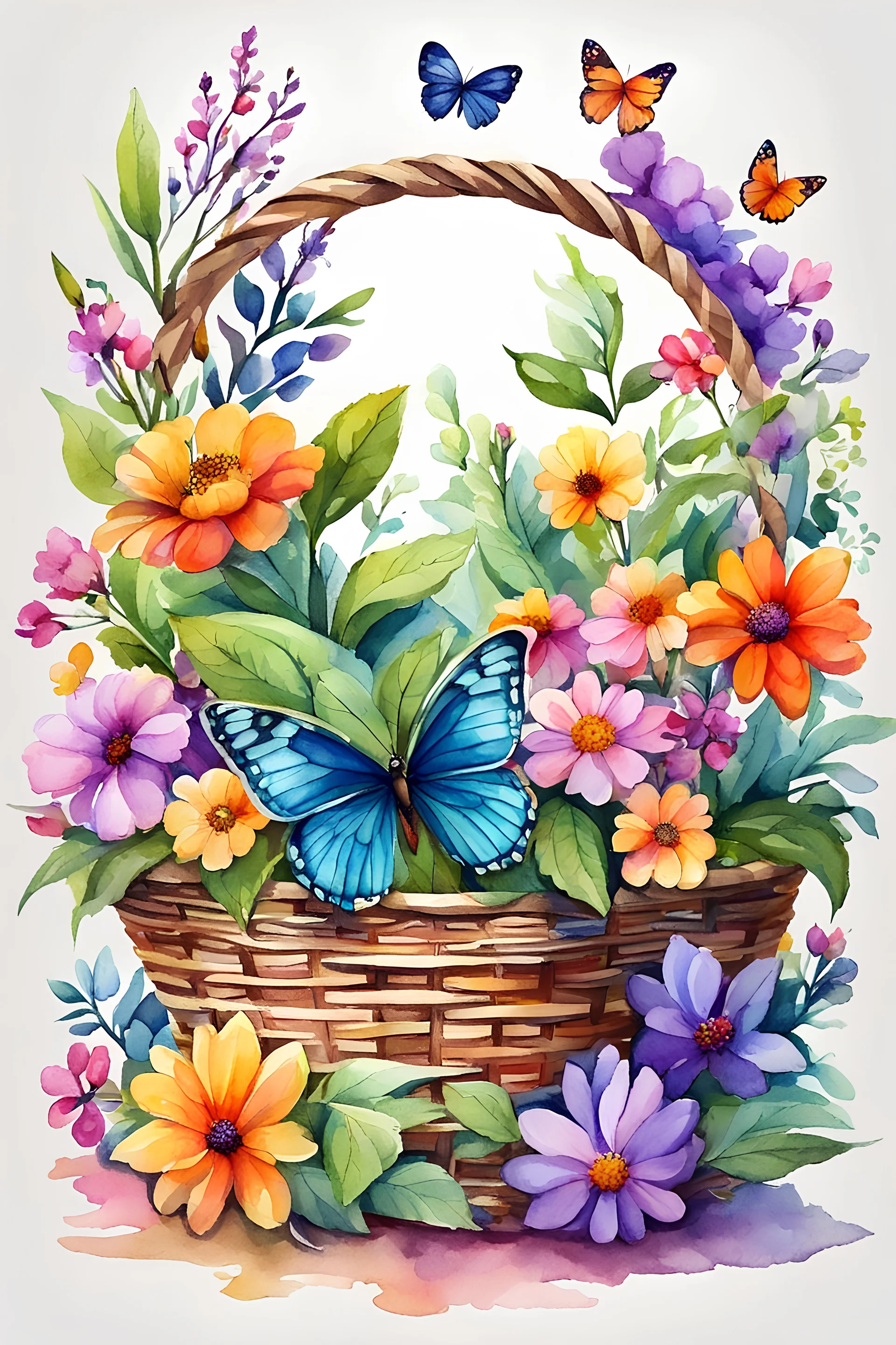 Watercolor drawing of a cute basket of flowers , with butterfly, beautiful plans, with bright flowers and plants, with soft bushes, v, very bright design, in a cartoon style