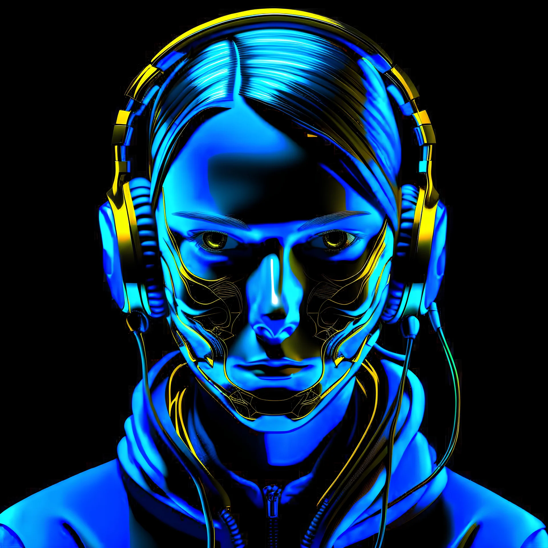 Girl face wearing a full face mask with headphones and a neon blue with gold filter