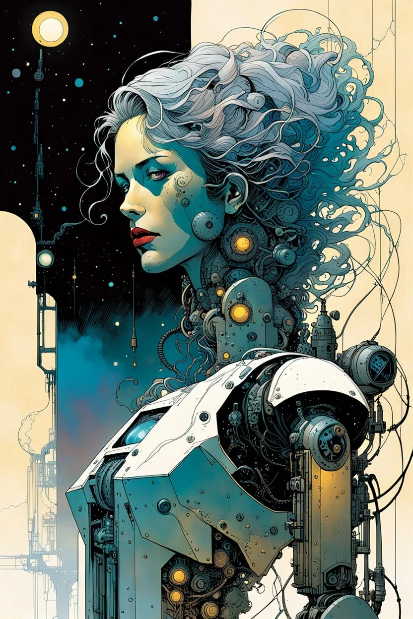 create an ethereal, otherworldly robotic female time traveler , in the comic book art style of Mike Mignola, Bill Sienkiewicz, and Jean Giraud Moebius, with highly detailed mechanical and cybernetic parts and feminine facial features , finely inked , dramatic natural lighting