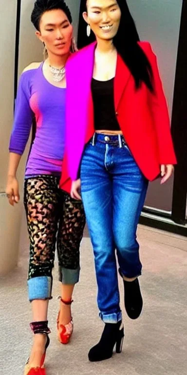 baggy jeans. Fashion colors 2023. Scarlett Johanssen and Asa Akira, shimmer. Blocks of fashion colors in the background of the image. Cool fashion outfit for the year 2023