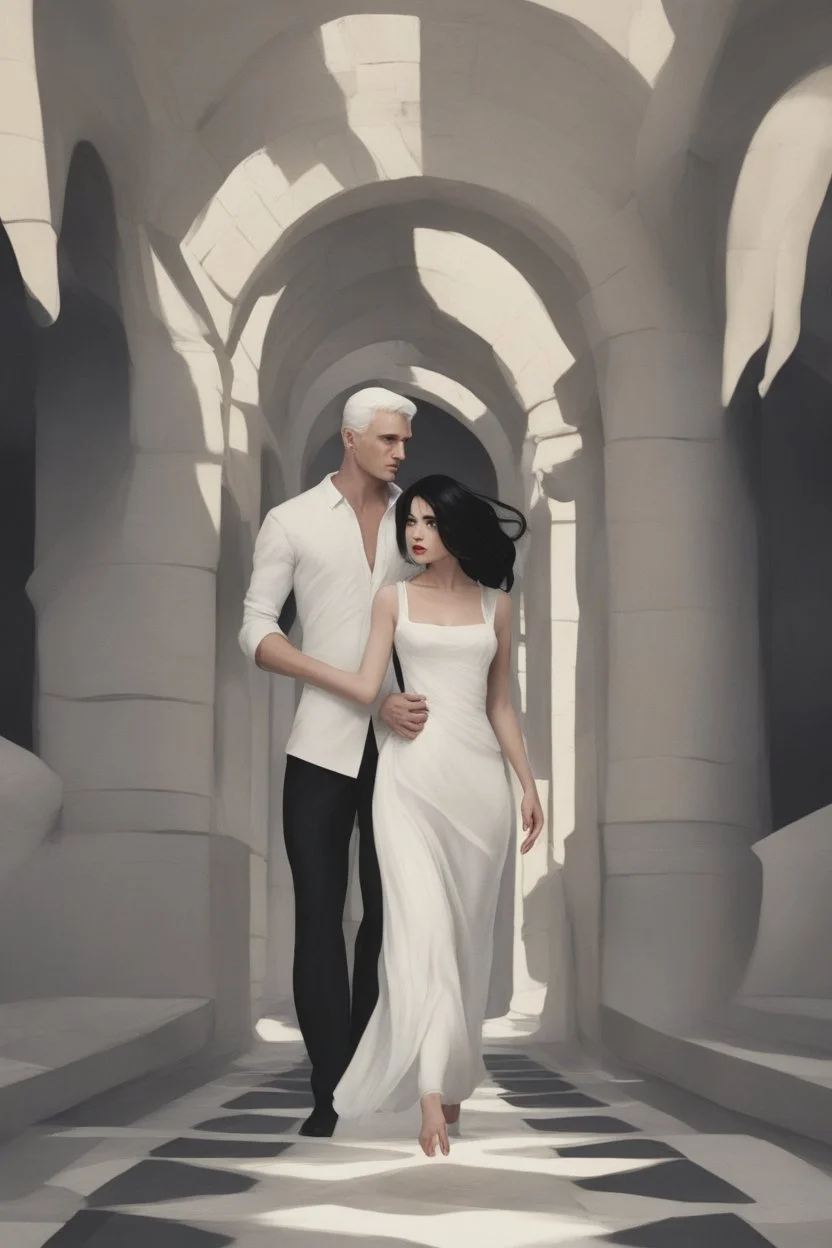 Woman with white hair wearing a white dress, walking down a sunlit stone hall, AND a handsome man in the background lurking in the shadows with long black hair