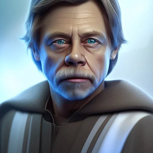 upper body photorealistic jedi mark hamill in Star Wars, sharp blue eyes, photorealistic weathered skin, jedi robe, cinematic lighting, intricate