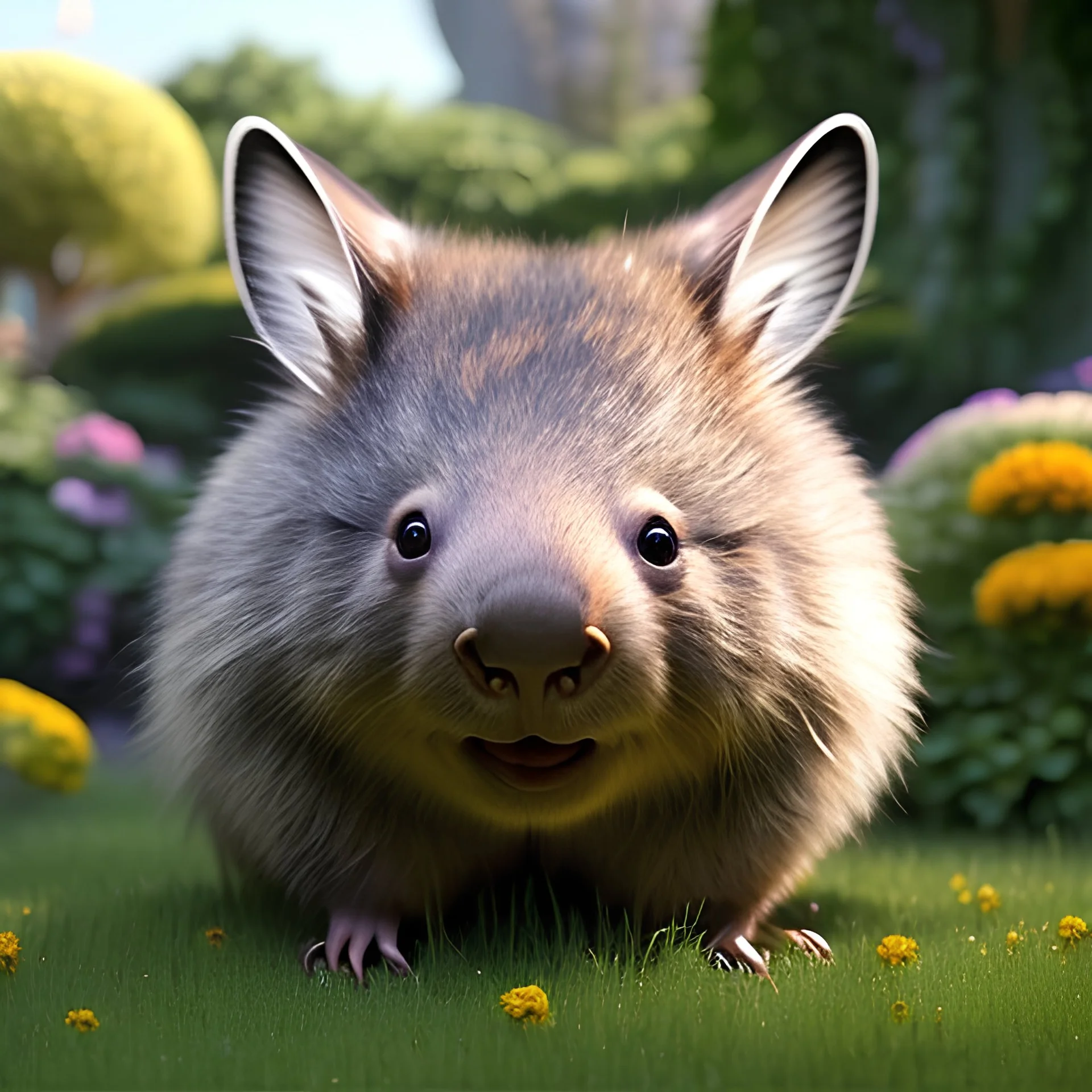 pixar style, volumetric summer garden environment and background, realistic painting of an wombat smiling, looking excited, detailed digital painting, extreme dense and fine fur, anime, ornate, colour-washed colors, elegant, small minutiae, tiny features, particulars, centered, smooth, sharp focus, renderman gofur render, 8k, uhd, detailed eyes, realistic shaded volumetric lighting, sunlight caustics, backlight, centered camera view