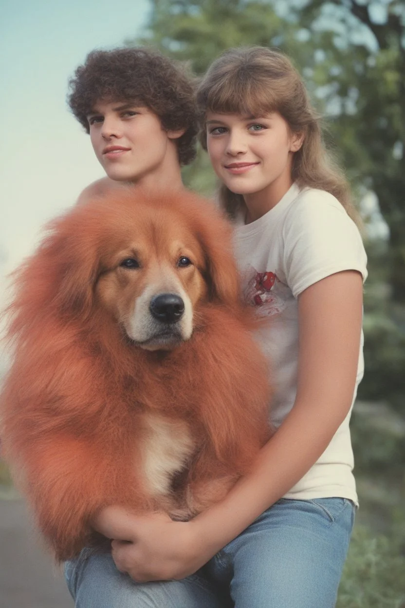 full color image, 1980's yearbook photo, teenager, Billy Joe and Mindy and the big red dog, 14 years old, photorealistic, --ar 9:16 --style raw