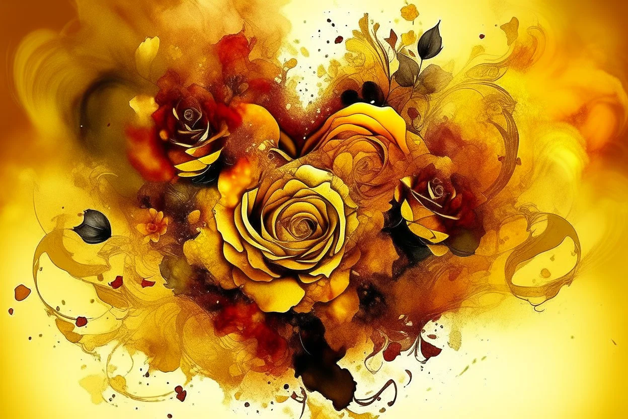 double exposure, merged layers, roses with dynamically blazing fire in ochre, ink splatter art, watercolor and ink, golden glitters, double exposure heart and love