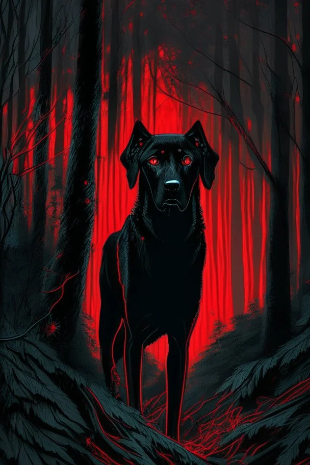 in the style of William Adolphe Bouguereau, a monstrous black hound with red, glowing eyes in a dark forest