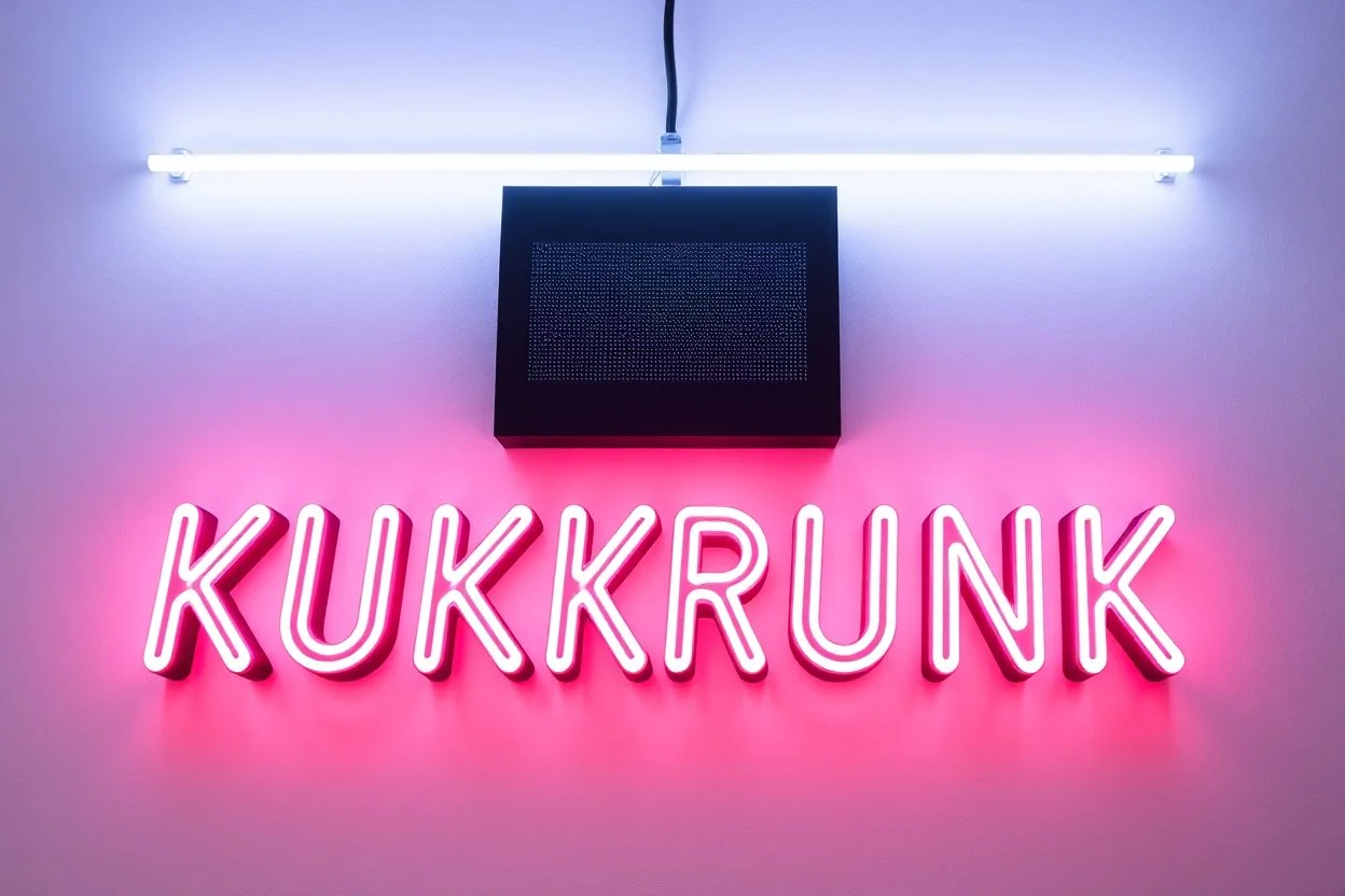 A simple neon sign labeled "KUKRUNK" white background and bold 80s font