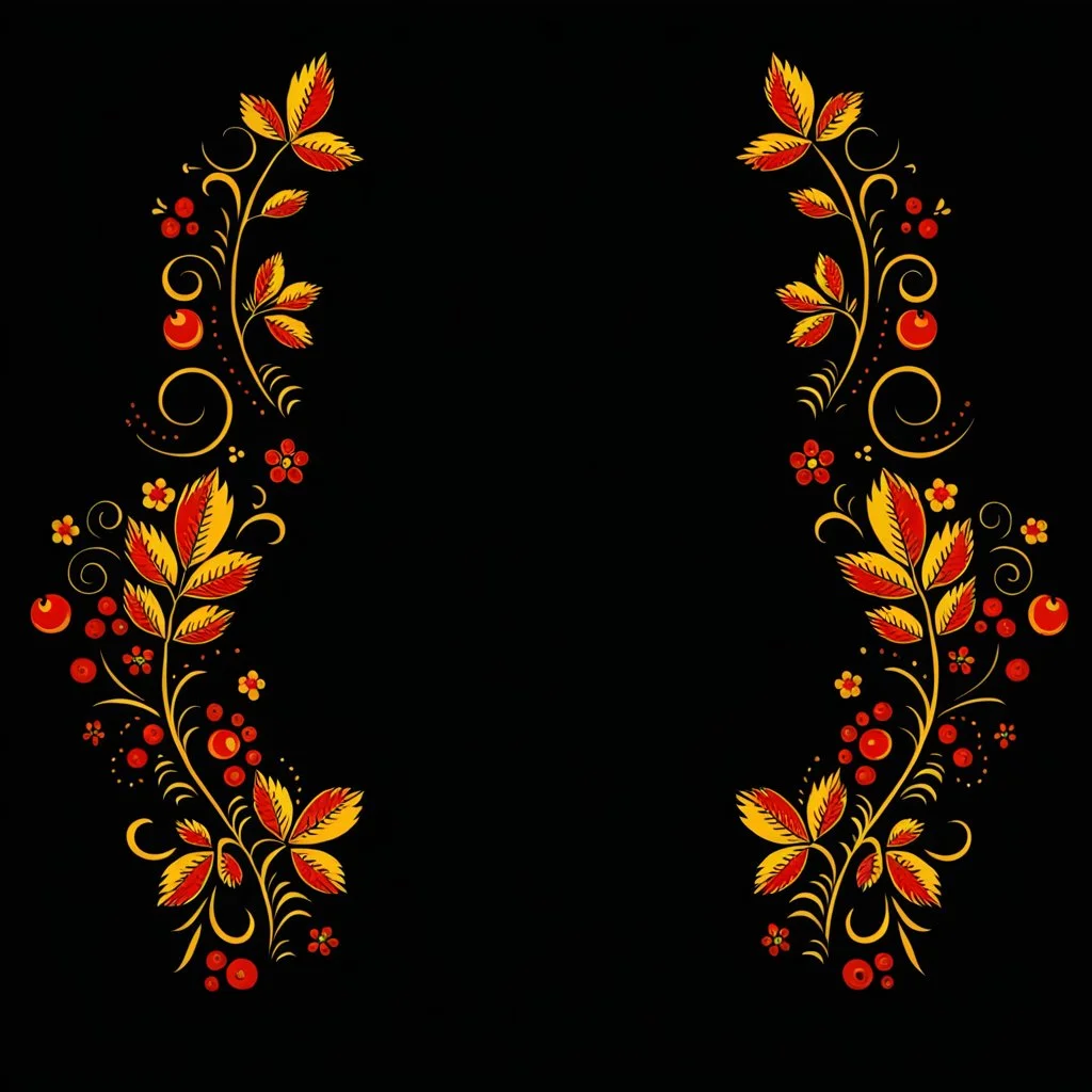 draw Russian patterns in the style of Khokhloma, Khokhloma with gold and black flowers