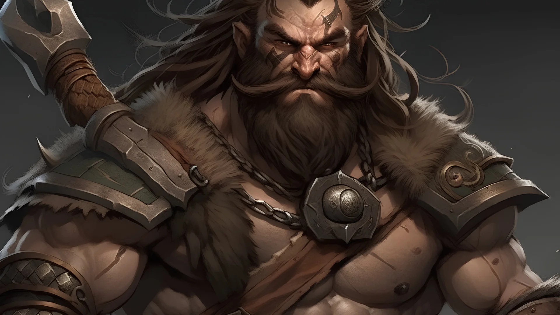 A barbarian, dressed roughly and showing impressive brawn and battle scars. A heavy beard and messy locks. They're armed, of course, with something that is built for brawn - a colossal weapon or an impressive great sword. Maybe draw some jewelry as well - rings or an ornate amulet. Loot, most likely. Perhaps he is - or has been - drinking.