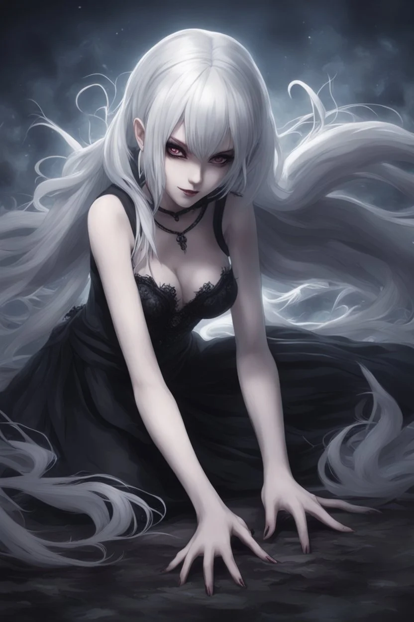 Beautiful goth girl crawling towards the camera in a scary position. White hair, dark make-up, grin on face, black, tight dress. Anime style, realistic, 8k, smoky background