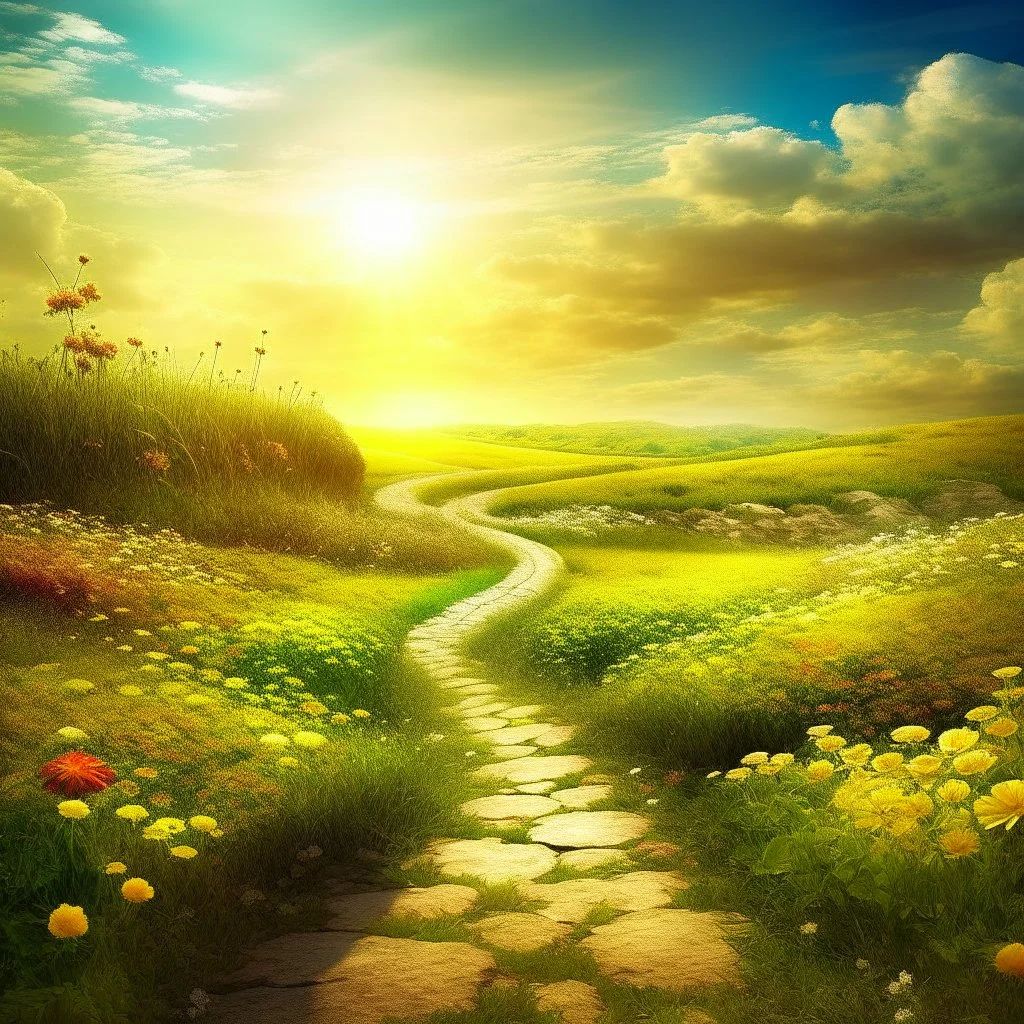 Fantasy style image. The image is intended to express that an easy path does not lead to success, but the path that requires effort and overcoming obstacles deserves a reward. A country with two roads. Route 1 very beautiful, full of sunshine and flowers in the field. However, there is no reward waiting at the end of Path 1. Road 2 full of pitfalls and obstacles, a storm in the sky, but a reward awaits at the end of the road.