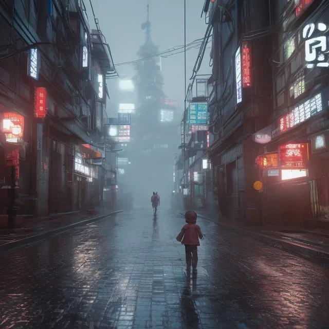 ciberpunk, big street empty tokyo, children lost, rain, intricate, xtreme detailed, 4k, unreal engine 5, photorealistic