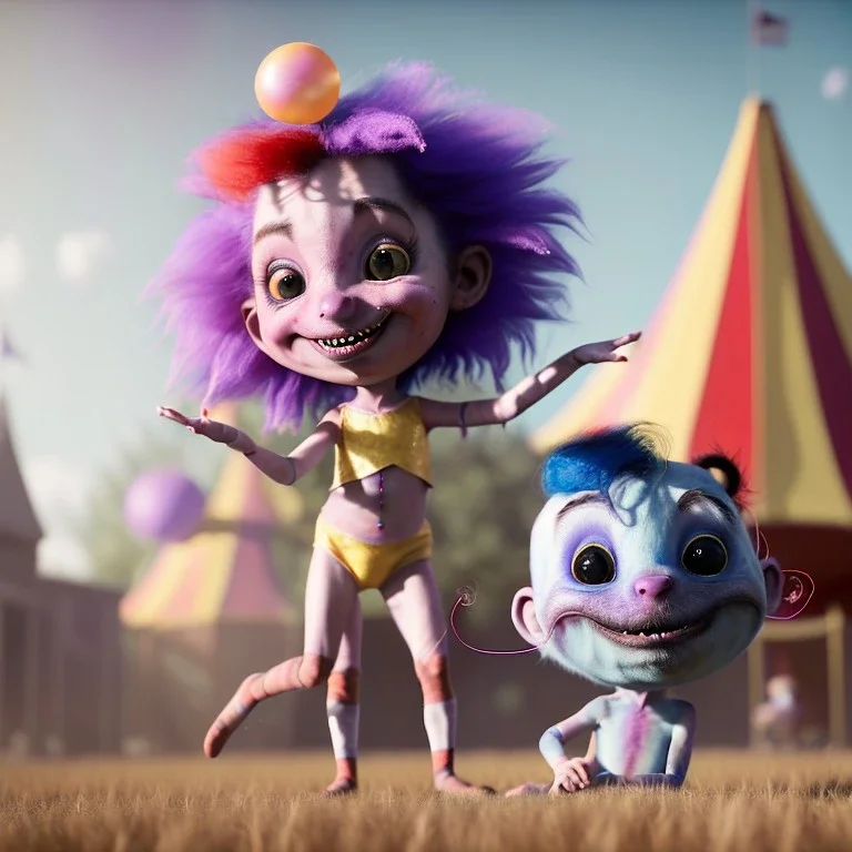 Ultra realistic circus scene. Sweet hair monster and Child’s playing, smile, happy, color bubbles, smooth color, waist up view, Wes Anderson style, dark ambient, highly detailed, concept art, unreal engine 5, god rays, ray tracing, RTX, lumen lighting, ultra detail, volumetric lighting, 3d, finely drawn, high definition, high resolution.