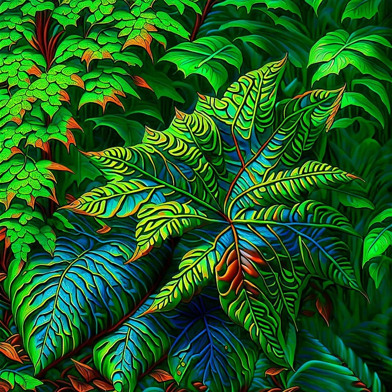 Bosque selva hojas verdes colores complementarios arte digital hiperdetallado pintura al óleo renacentista obra de arte