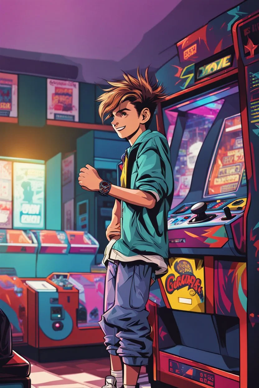 a millineal teenage boy is playing video arcade games, bright colored clothes from the 90s, hairstyles of that time, comic style